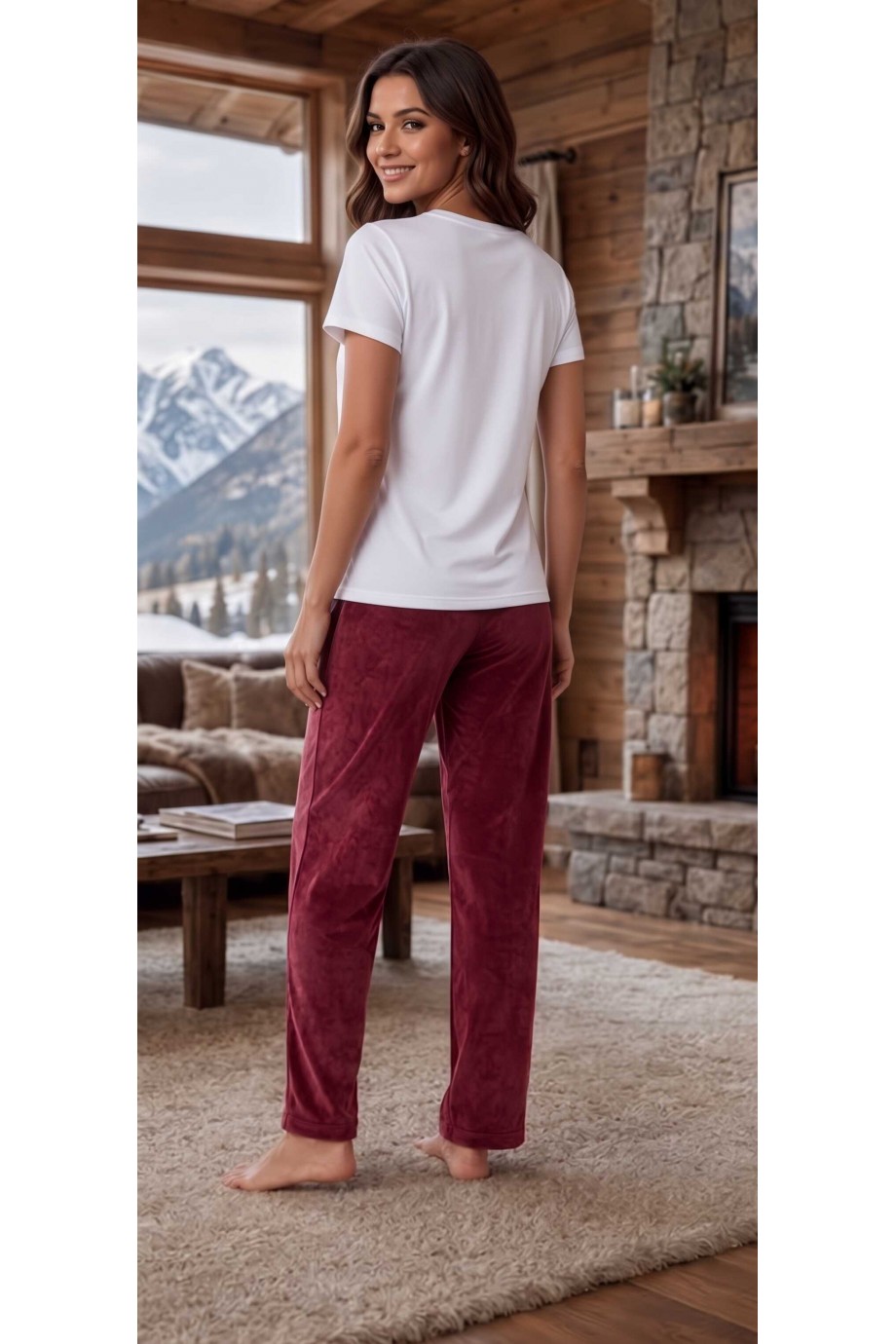 Linay Butik bordo renk Fransız kadife kumaş detaylı yumuşak kadın pijama altı ön görünümü